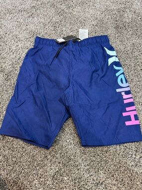 Boys Hurley Navy blue boat shorts Swim trunks with Gradient Logo. NWT